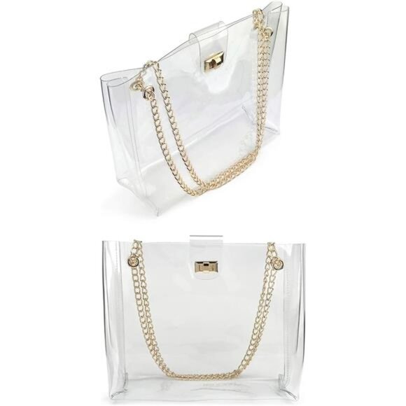 Multifuntional Chain Tote Bag Medium Transparent Shoulder Handbag with Turn-Lock - Picture 4 of 10